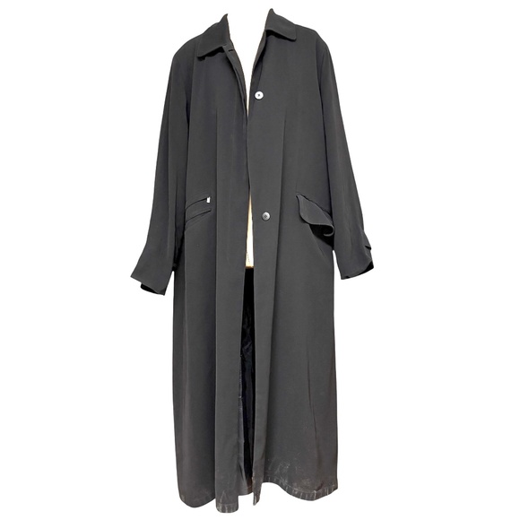 coat ANNE KLEIN vintage trench black swishy poly twill large casual classic boho - Picture 4 of 14